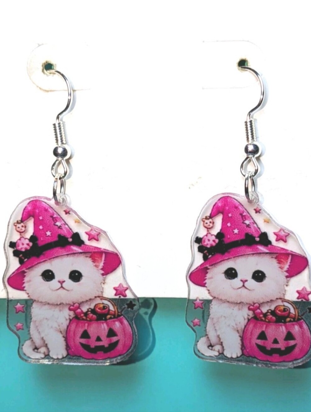 Hand Crafted Pink Witch Cat Halloween Earrings